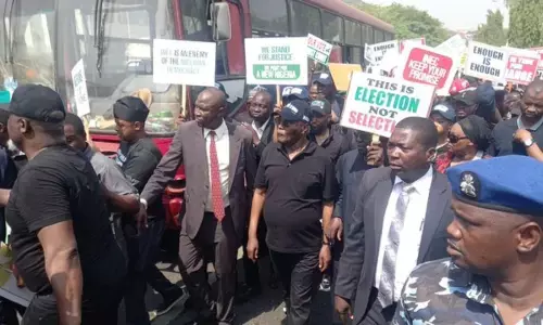 JUST IN: Atiku, Ayu, others protest in Abuja INEC hqtr