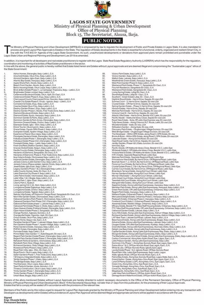 BREAKING: Lagos govt declares 176 estates illegal (FULL LIST)